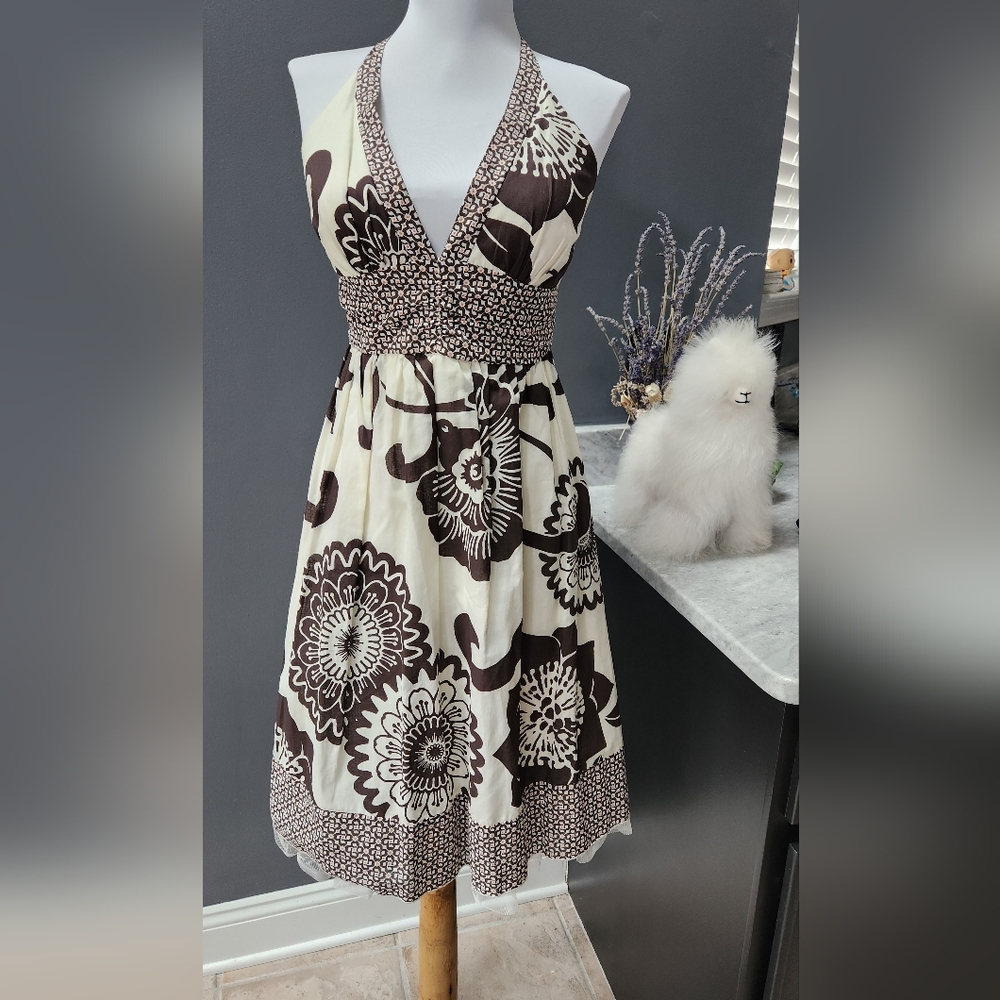 My Michelle Vintage 80s Elegant Brown and Cream Floral Halter Dress Size 5